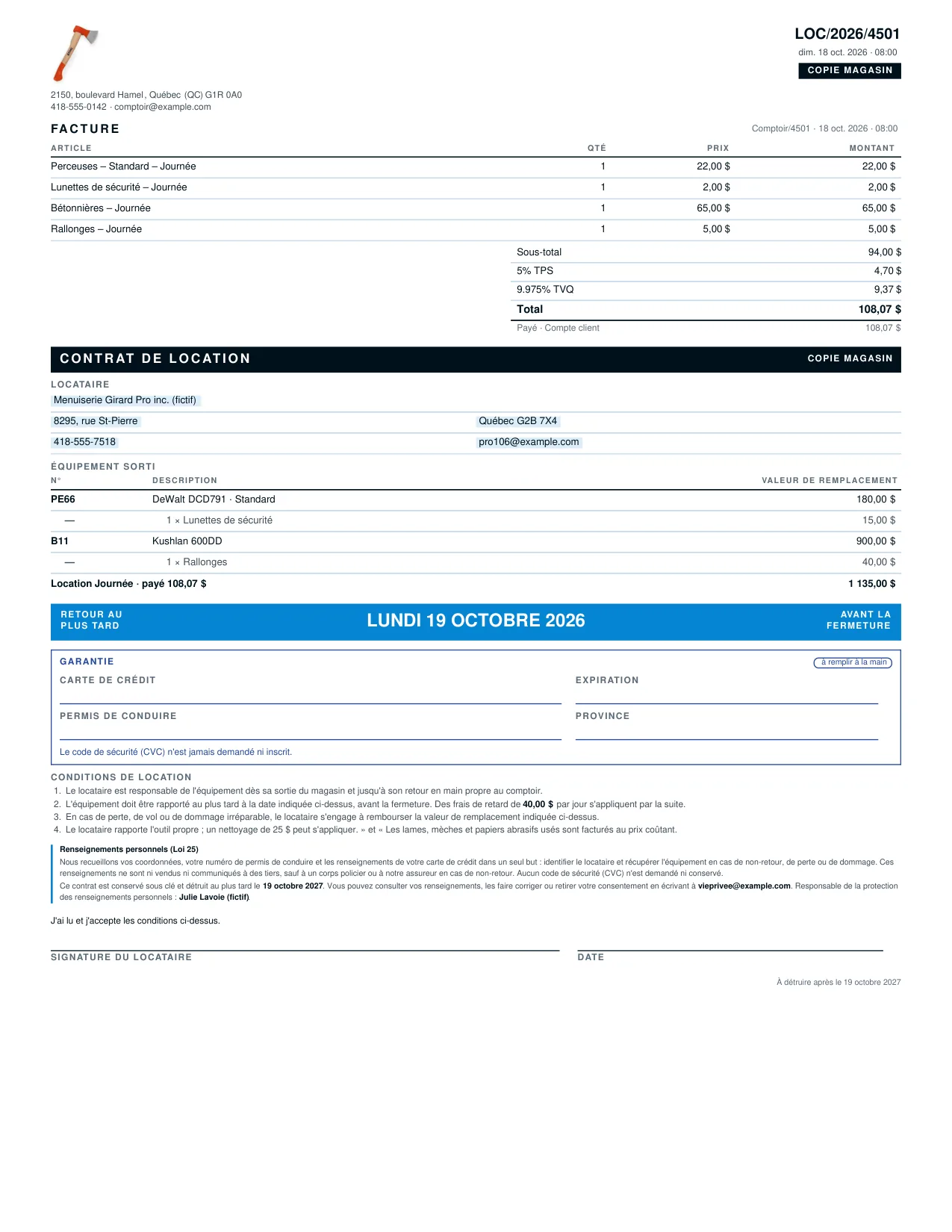 Contrat de location imprimé avec facture, date de retour, garantie et mention Loi 25